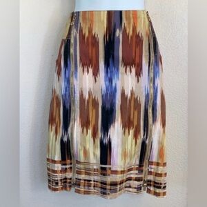 ETCÉTERA colorful skirt, cream/blue/rust, 2 zippers, pockets, back slit. 10 EUC